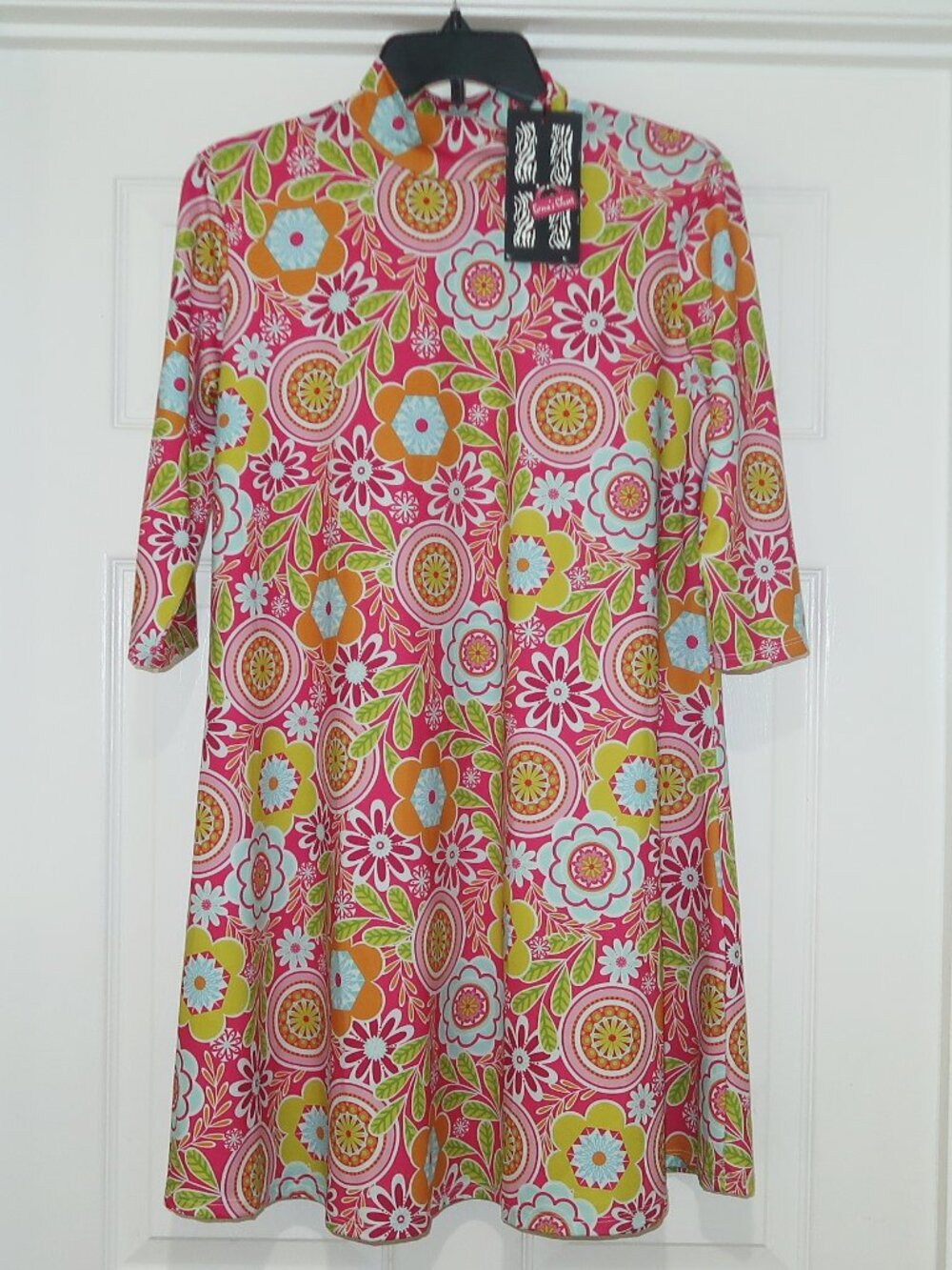 NWT Womens Erma's Closet Pink Green Retro Floral Stretchy 3/4 Sleeve Dress sz S